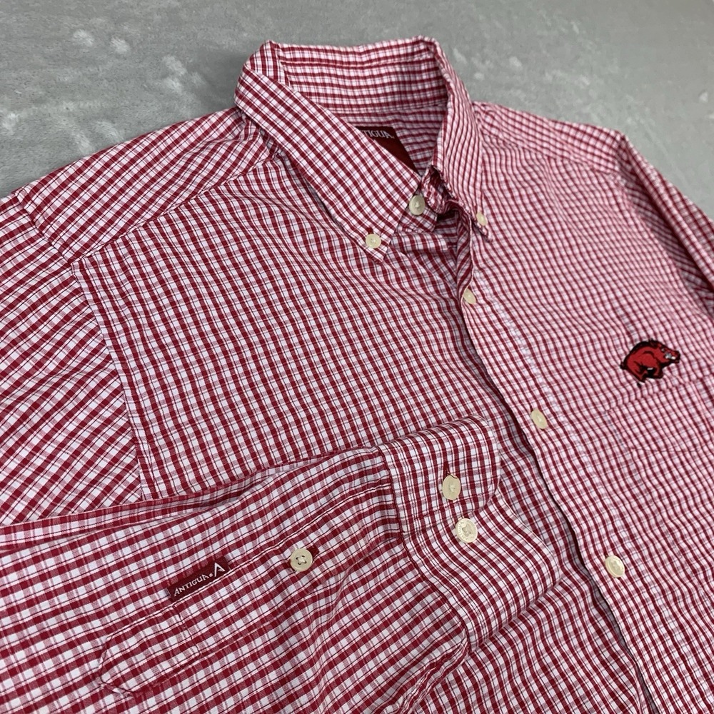 Antigua Arkansas Razorbacks Shirt Mens Medium Red Plaid Button Down Long Sleeve